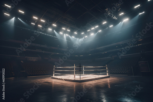 Sports wrestling and boxing sport. Empty boxing arena for competitions. Arena with grid and searchlights for MMA fights. Realistic 3D illustration. Generative AI