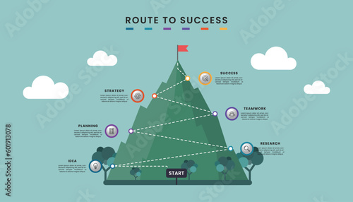 Route to success infographic. Mountain infographic with six steps or options and icons. Business strategy to success.
