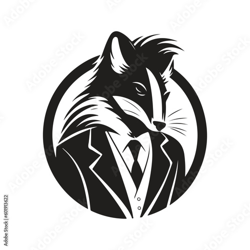 skunk wearing suit, vintage logo line art concept black and white color, hand drawn illustration