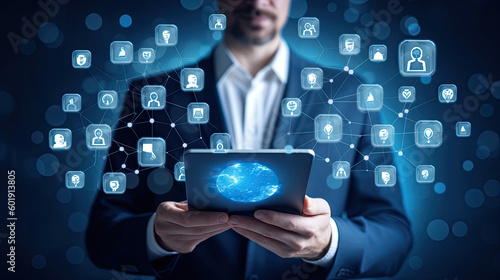 Businessman uses a tablet with the latest global technology
