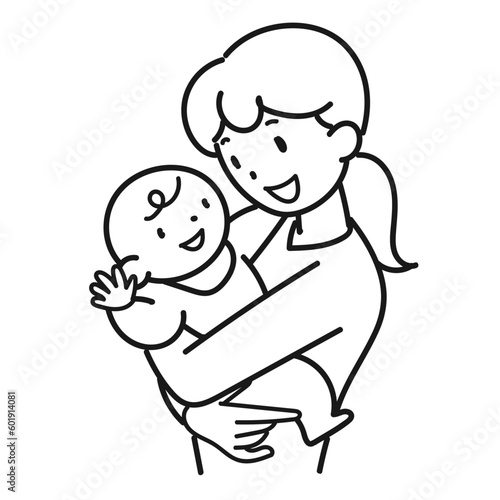 赤ちゃんを抱っこする笑顔の若い母親の上半身
