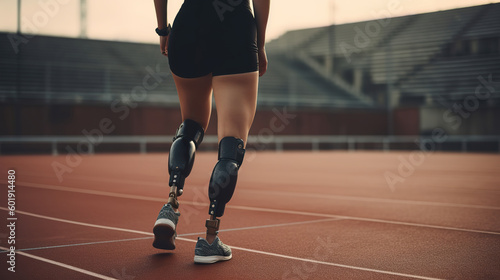 A beautiful girl is disabled with prosthetic legs. Back view of disabled athlete woman with prosthetic legs. Closeup illustration of an athlete's legs. Generative AI