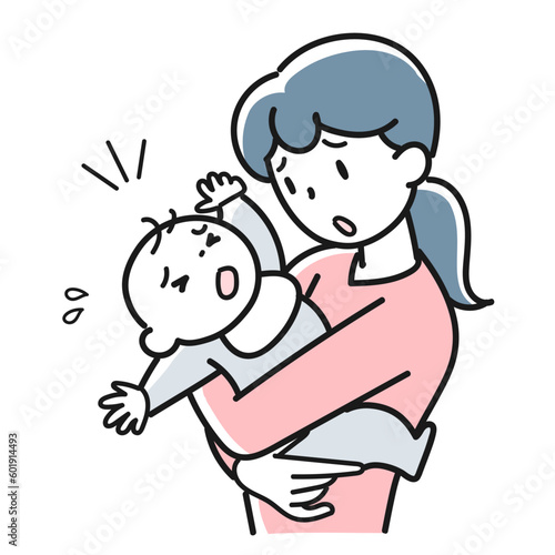 泣く赤ちゃんを抱いて困っている若い母親の上半身