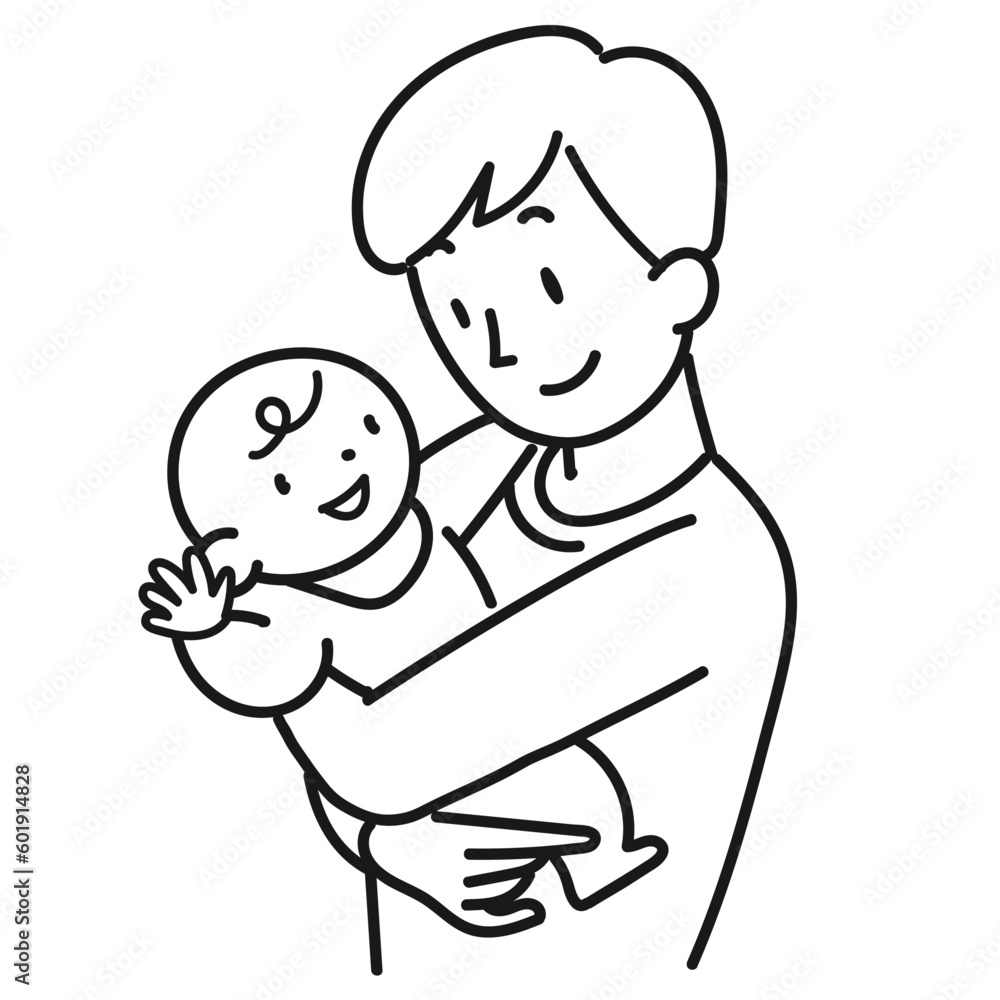 赤ちゃんを抱っこする笑顔の若い男性の上半身 赤ちゃんを抱っこする笑顔の若い男性の上半身