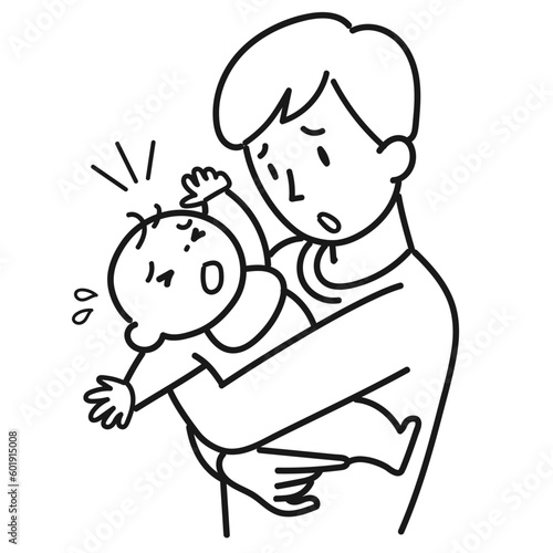 泣く赤ちゃんを抱いて困っている若い男性の上半身