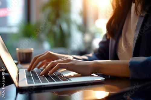 ノートパソコンで入力仕事する女性の手元 photo