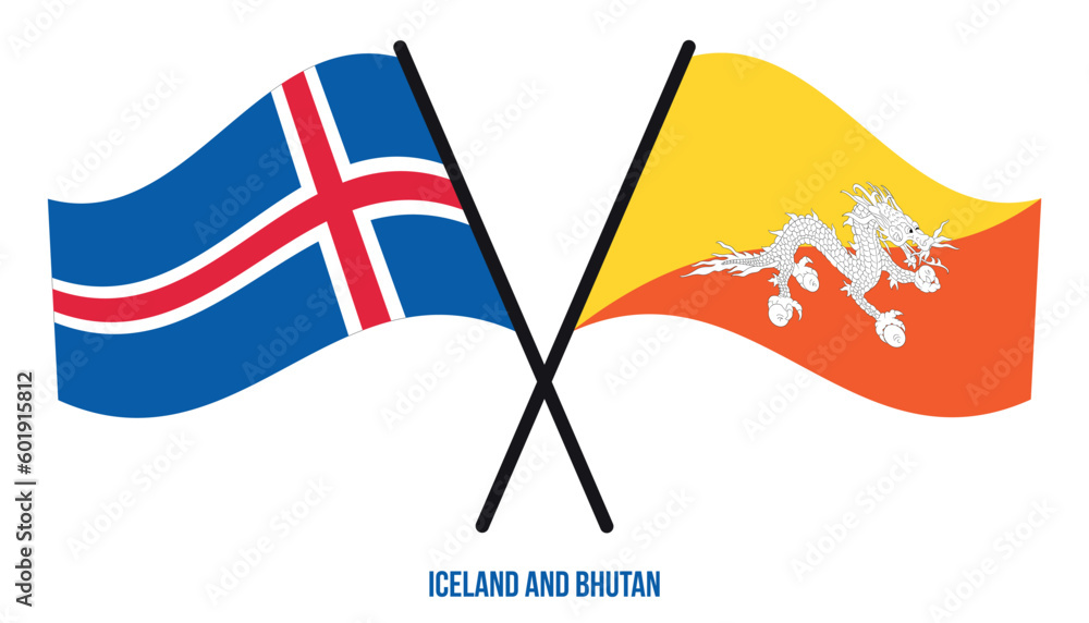 Iceland and Bhutan Flags Crossed And Waving Flat Style. Official Proportion. Correct Colors.