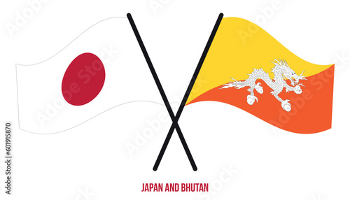 Japan and Bhutan Flags Crossed And Waving Flat Style. Official Proportion. Correct Colors.