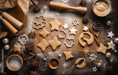 Christmas cookies , egg, flour, sweets and holiday baking concept