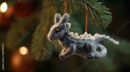 Little knitted dragon toy on a christmas tree. Closeup. Christmas and new year card. Bokeh background. Generative ai