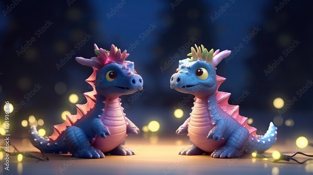 Fototapeta premium Two little cute dragons surrounded by Christmas lights. Christmas and new year holliday card. Generative ai