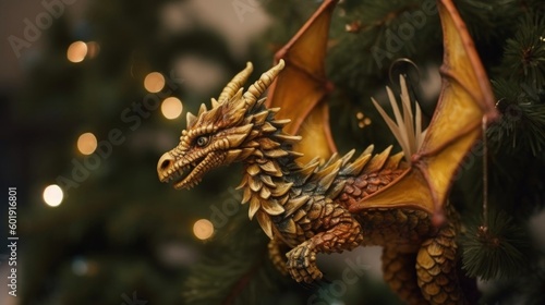 Little wooden dragon toy on a christmas tree. Closeup. Christmas and new year card. Generative ai