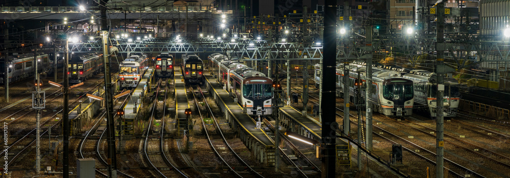 Train depot at Nagoya station at night. Train depot at Nagoya station at night.