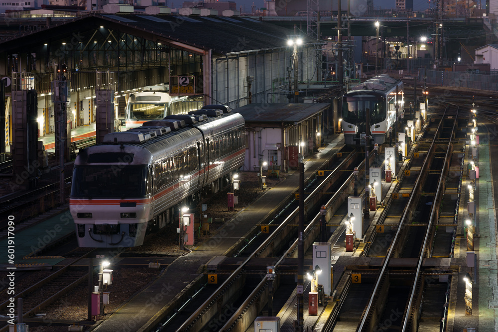 Fototapeta premium Train depot at Nagoya station at night.