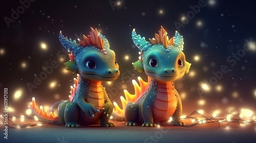 Two little cute dragons surrounded by Christmas lights. Christmas and new year holliday card. Generative ai © Марина Андрейченко