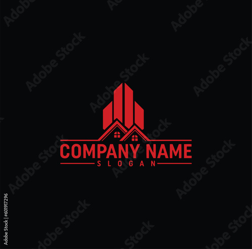 Real estate logo and business card template. Outline style house sign with overlapping shadow effects. Vector illustration for print or web.