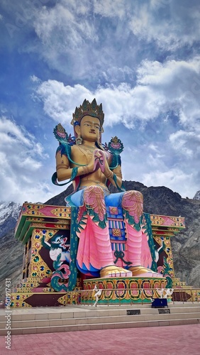 Diskit Monastery, 108 feet tall statue of Maitreya Buddha in Nubra Valley, Ladakh, India, Buddha Statue with beautiful sky in background