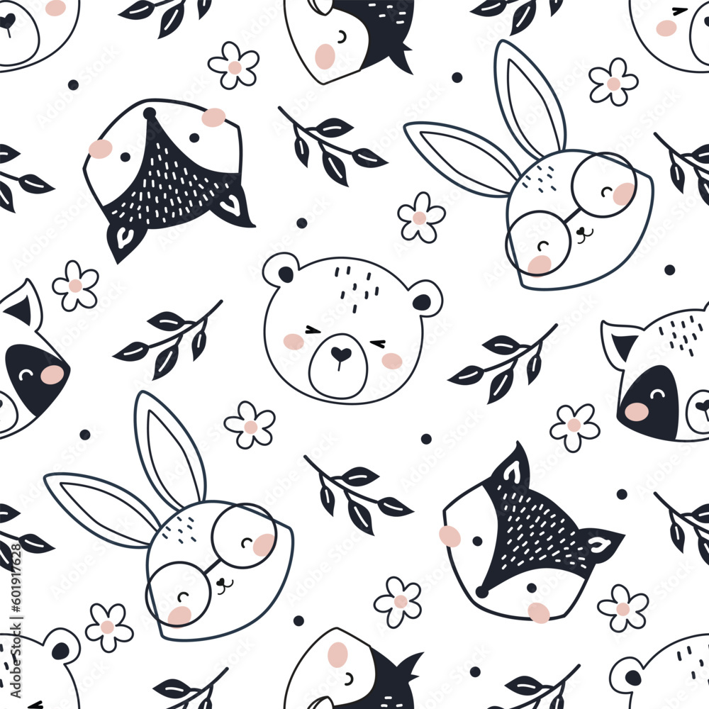 Cute Woodland Animals seamless pattern. Doodle Black and White Cartoon ...