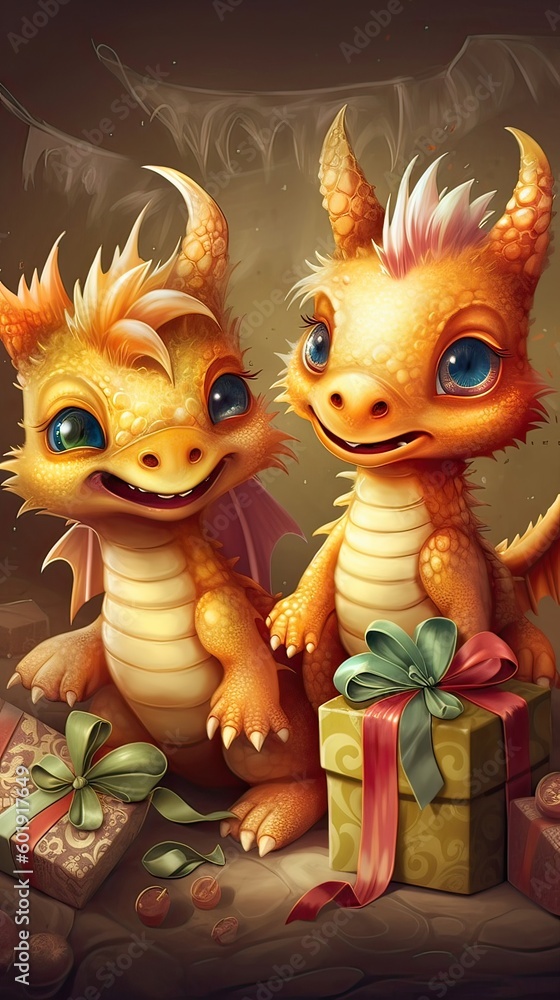 Two little cute dragons gives gifts to reach other. Christmas and new year holliday card. Generative ai Two little cute dragons gives gifts to reach other. Christmas and new year holliday card. Generative ai