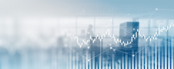financial chart with stock market graph and silhouette people walking in office with cityscape blurred background