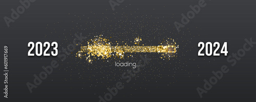 Happy New Year 2024. Golden shimmering loading bar on black background. Coming soon new 2024.