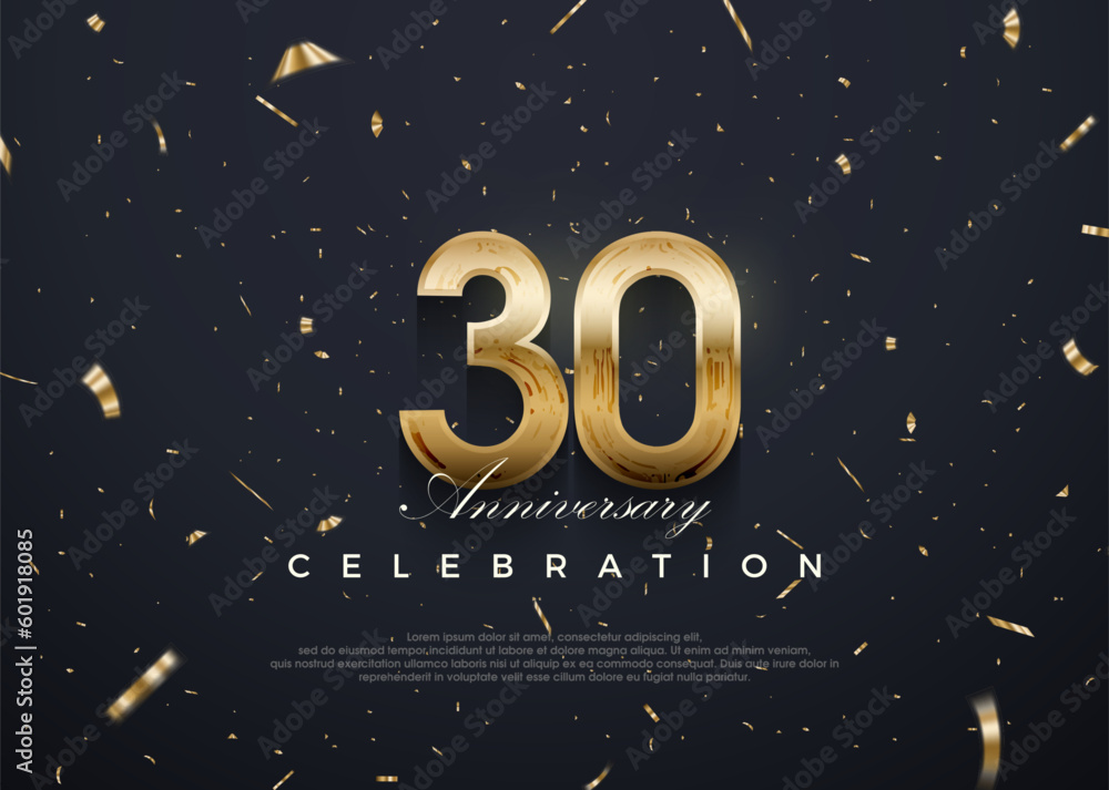 30th anniversary celebration, vector 3d design with luxury and shiny gold. Premium vector background for greeting and celebration. - obrazy, fototapety, plakaty 