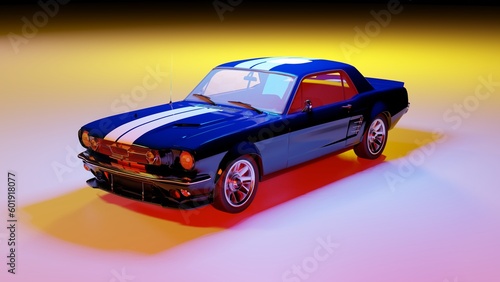 3D rendered old blue vintage car studio photoshoot. an old vintage vehicle with a night view. Car standing under the blue, red and yellow light, surrounded by a night. car night photography 