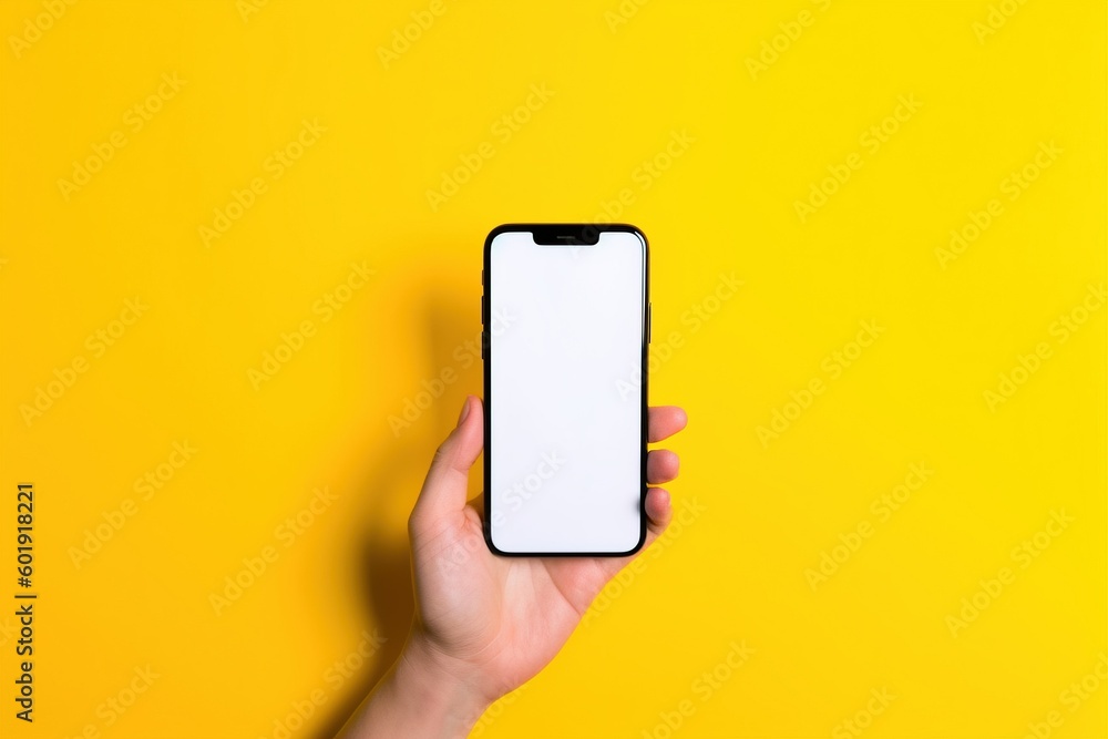 phone in hand isolated on white, hand holding a smart phone with blank screen isolated on a yellow colored background phone in hand isolated on white, hand holding a smart phone with blank screen isolated on a yellow colored background