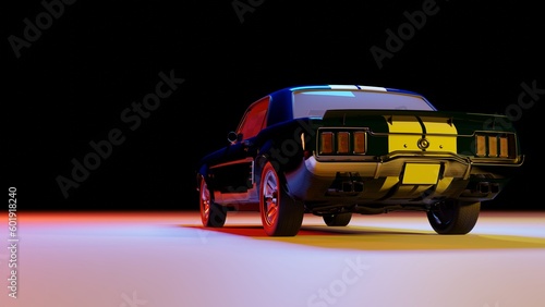 3D rendered old blue vintage car studio photoshoot. an old vintage vehicle with a night view. Car standing under the blue  red and yellow light  surrounded by a night. car night photography 