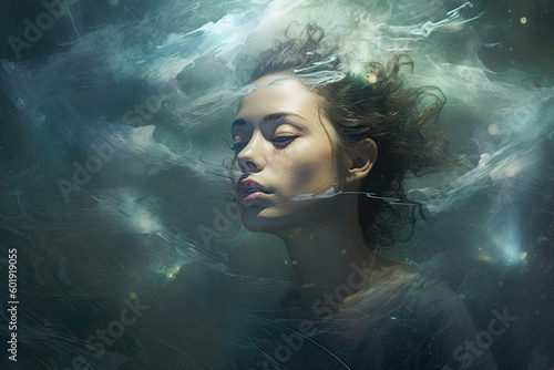 portrait of a woman surrounded by fog, psychic waves concept illustration, generative ai 