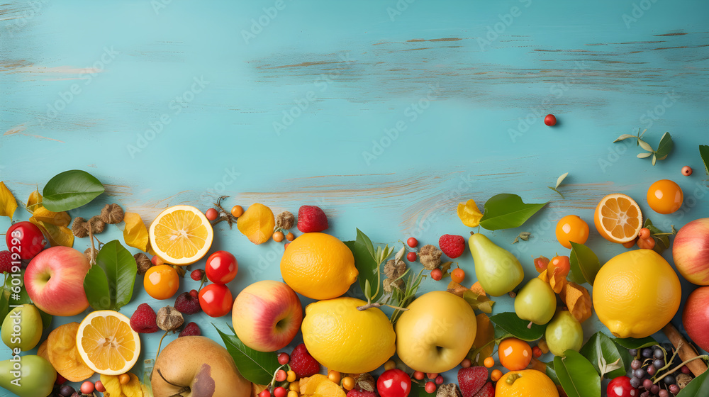 a lot of fruit with blue background ai generative