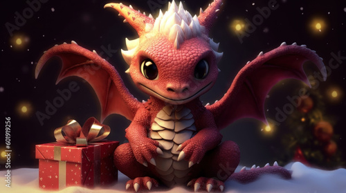 Cute little dragon with gifts in snowy street. Christmas and new year card. Generative ai