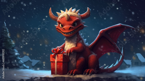 wicked dragon in christmas costume with gifts in snowy street. Christmas and new year card. Generative ai © Марина Андрейченко