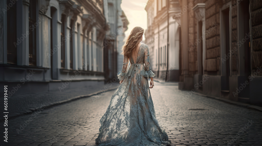 Beautiful young woman in a long dress walking in the city. Girl in dress runs in the city. Back view of a young happy woman. Realistic 3D illustration. Generative AI