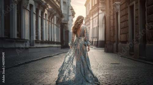 Beautiful young woman in a long dress walking in the city. Girl in dress runs in the city. Back view of a young happy woman. Realistic 3D illustration. Generative AI © Vagner Castro