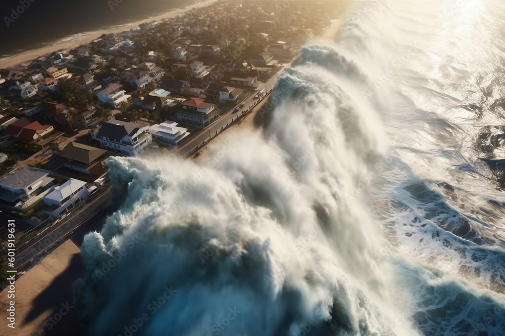 Tsunami wave crashing into coastal town, generative Ai Tsunami wave crashing into coastal town, generative Ai
