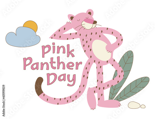Cute Relaxed pink panther with leaves, cloud and sun. Card or banner for holiday. Illustration in the retro grovvy style of the 70s. Wild animals in a vector. Big cat with closed eyes