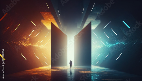 Person walking inside the tunnel, passing through the light portal to another dimension. White light coming through the huge open doors.