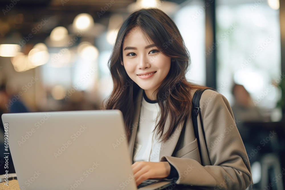 ノートパソコンで仕事をする女性 ,Generative AI