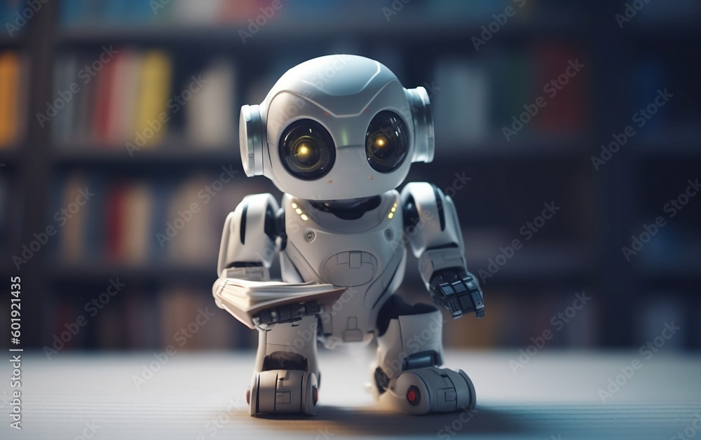 Cute android robot holds the book in the library background created with Generative AI technology Cute android robot holds the book in the library background created with Generative AI technology