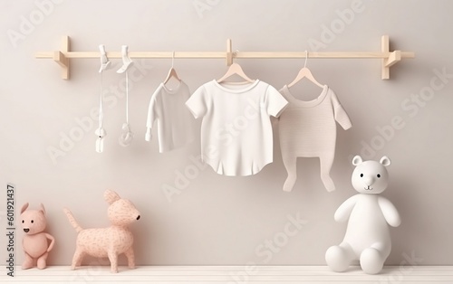 Kids room with white children t-shirt mockup and toys created with Generative AI technology. Kids clothes hanging on a clothesline