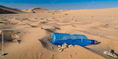 A plastic bottle litter in an open desert in daylight with blue skies. Generative AI