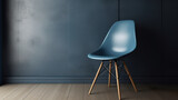 Stylish blue chair on dark background. Blue chair with wooden base in minimalist style on dark gray background. Realistic 3D illustration. Generative AI