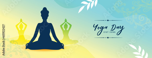 beautiful 21st june yoga day banner with meditation posture silhouette