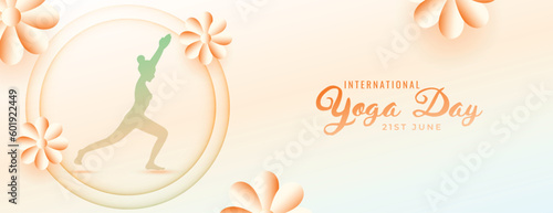 decorative international yoga day fitness banner with floral design