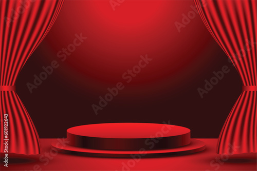 3d podium platform for product display with red cinema curtain