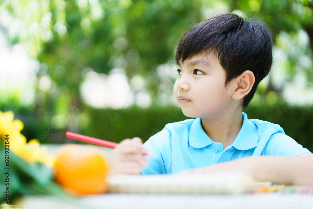 Happy cheerful Asian little boy enjoy drawing and painting alone at home backyard alone. Happy cheerful Asian little boy enjoy drawing and painting alone at home backyard alone.