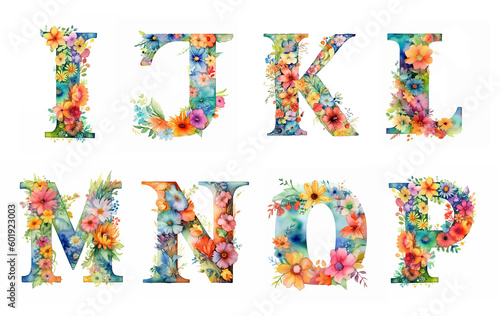 Set of watercolor cute summer letters with colorful wildflowers on a white background. Сapital letters of the English alphabet: i, j, k, l, m, n, o, p.  AI generated photo