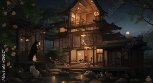 persian  japanese  idyllic   paradise   with animals and flora and with pencil touch
