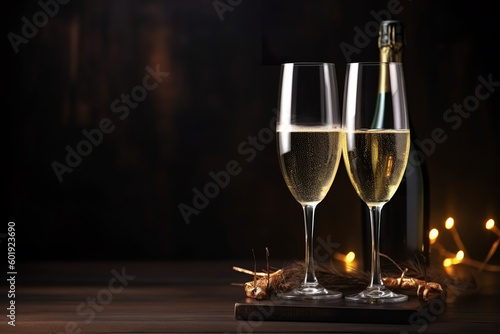 Two glasses of champagne, celebration party banner empty space